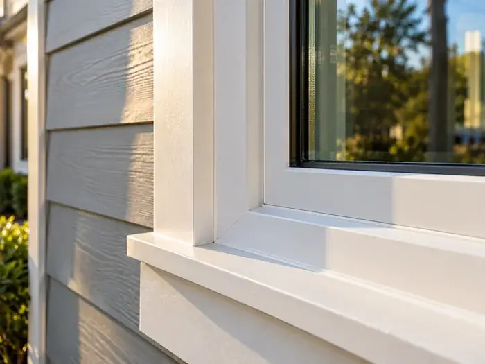 A close daylight detail of a new window corner with clean caulk and fresh exterior trim, no people