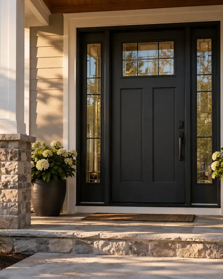 A new fiberglass entry door with glass panels