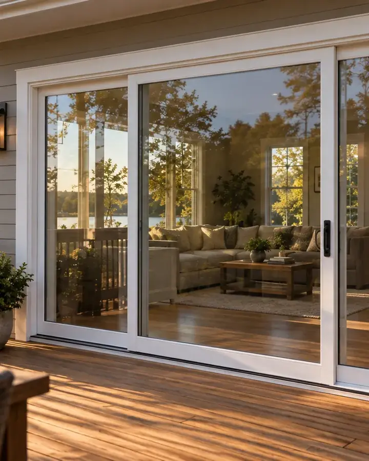 A new sliding patio door opening onto a deck