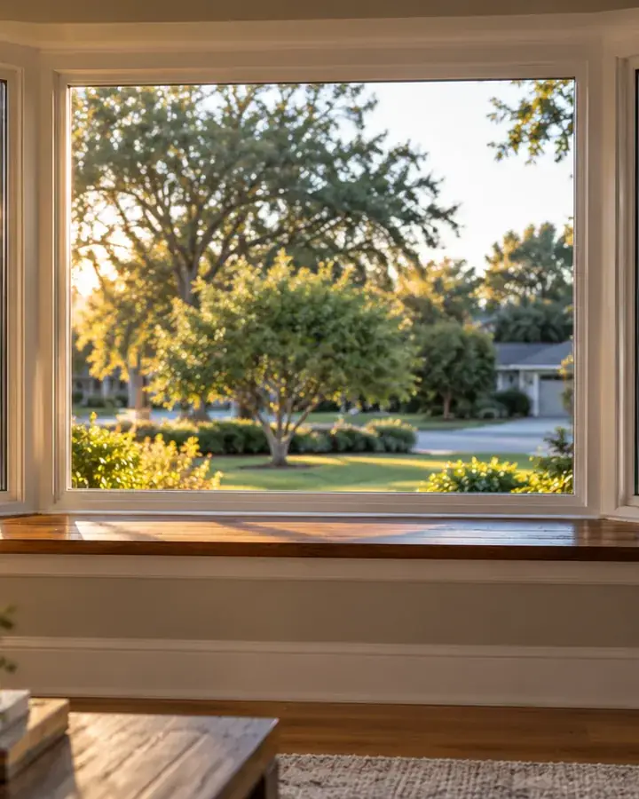 A new bay window with a wood interior sill